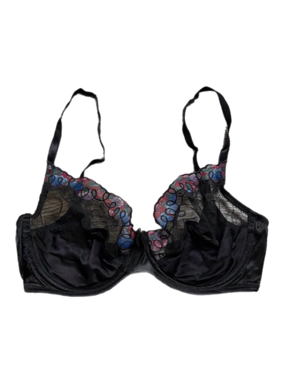 70s/80s European Vintage Embroidered Lace Unlined Bra (Black/Multi) Size 32C